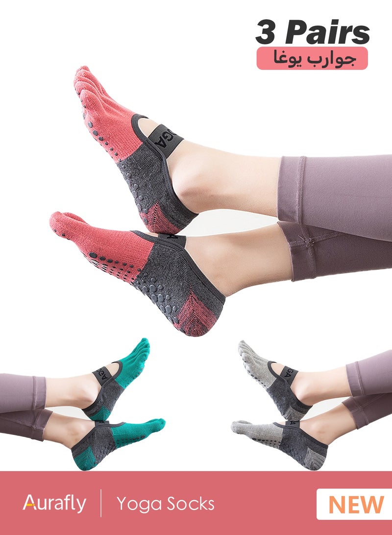 أورافلي 3 أزواج من جوارب اليوغا والبيلاتس النسائية ذات الخمسة أصابع - جوارب قطنية مانعة للانزلاق وجيدة التهوية، جوارب رياضية متخصصة بنعل مانع للانزلاق للرقص والباليه واللياقة البدنية - Image 1